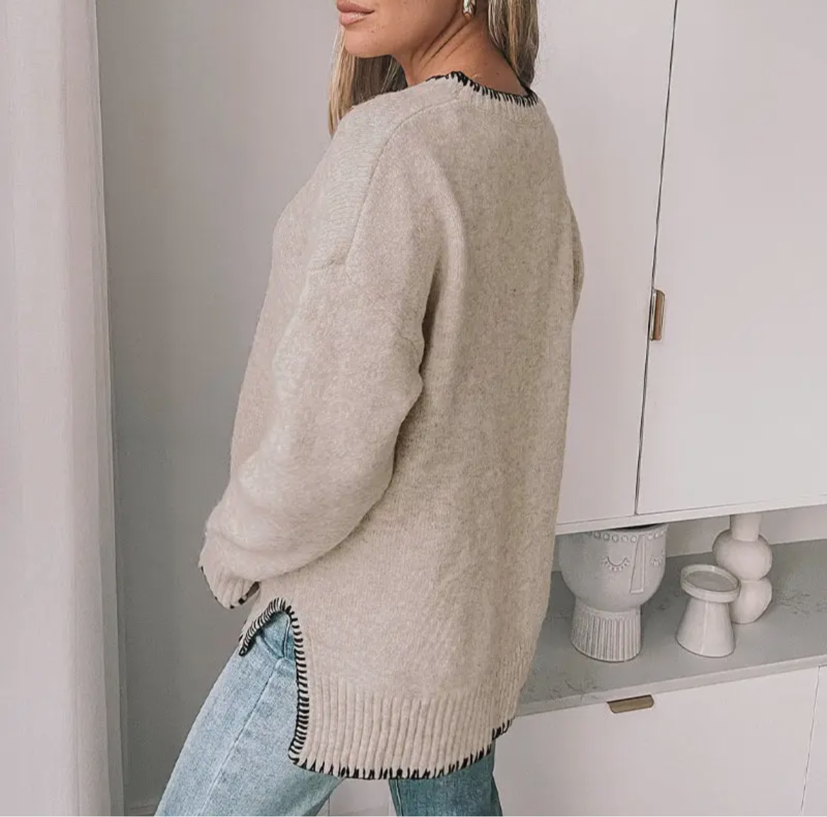 Cream Versatile Spilt End Sweater