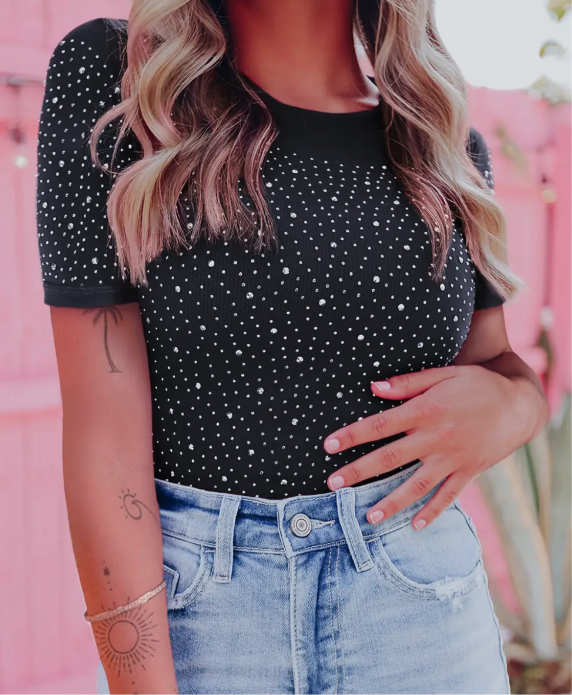 Black Rhinestone Allover Rock Neck Bodysuit