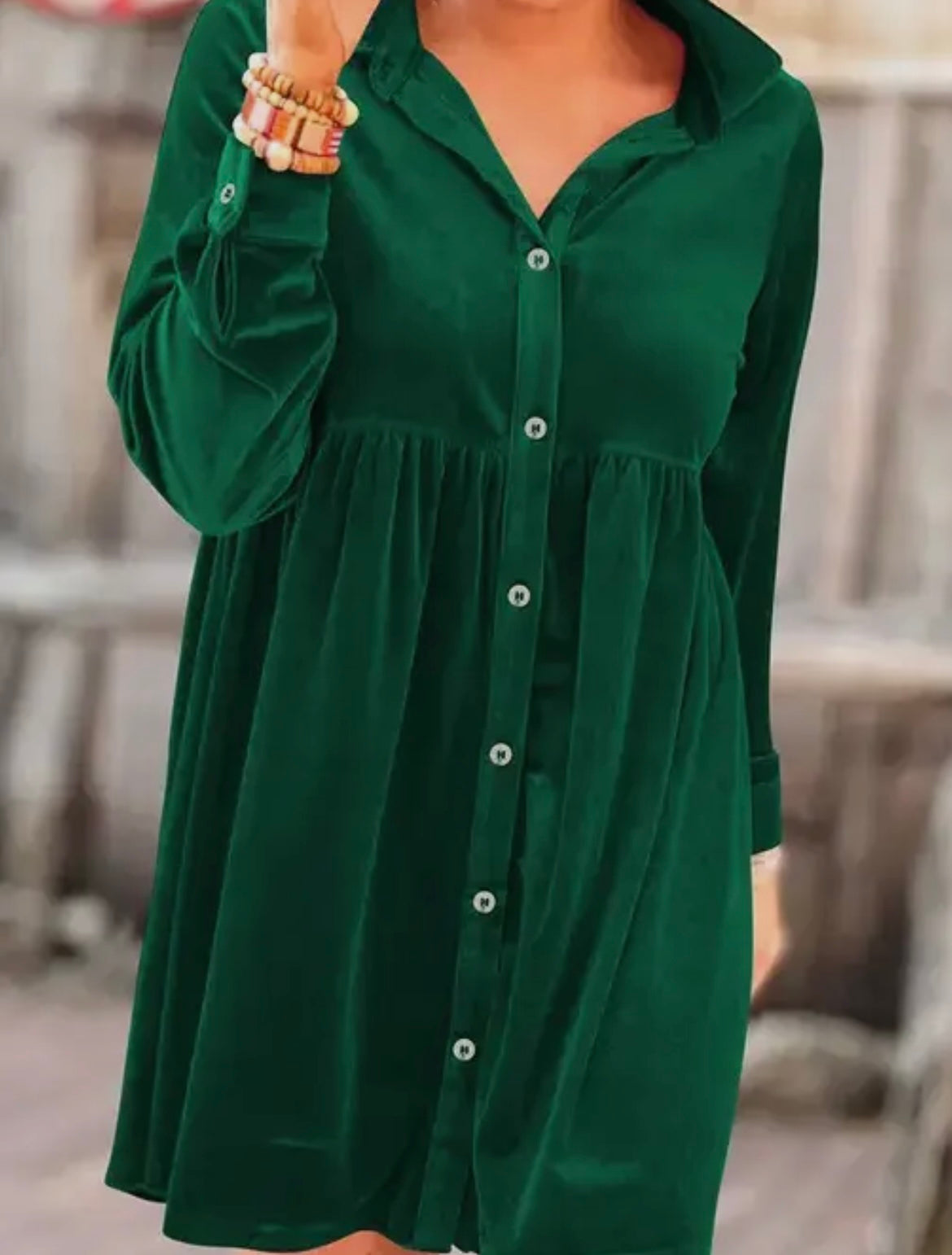 Green long sleeve Velvet Button-up Dress