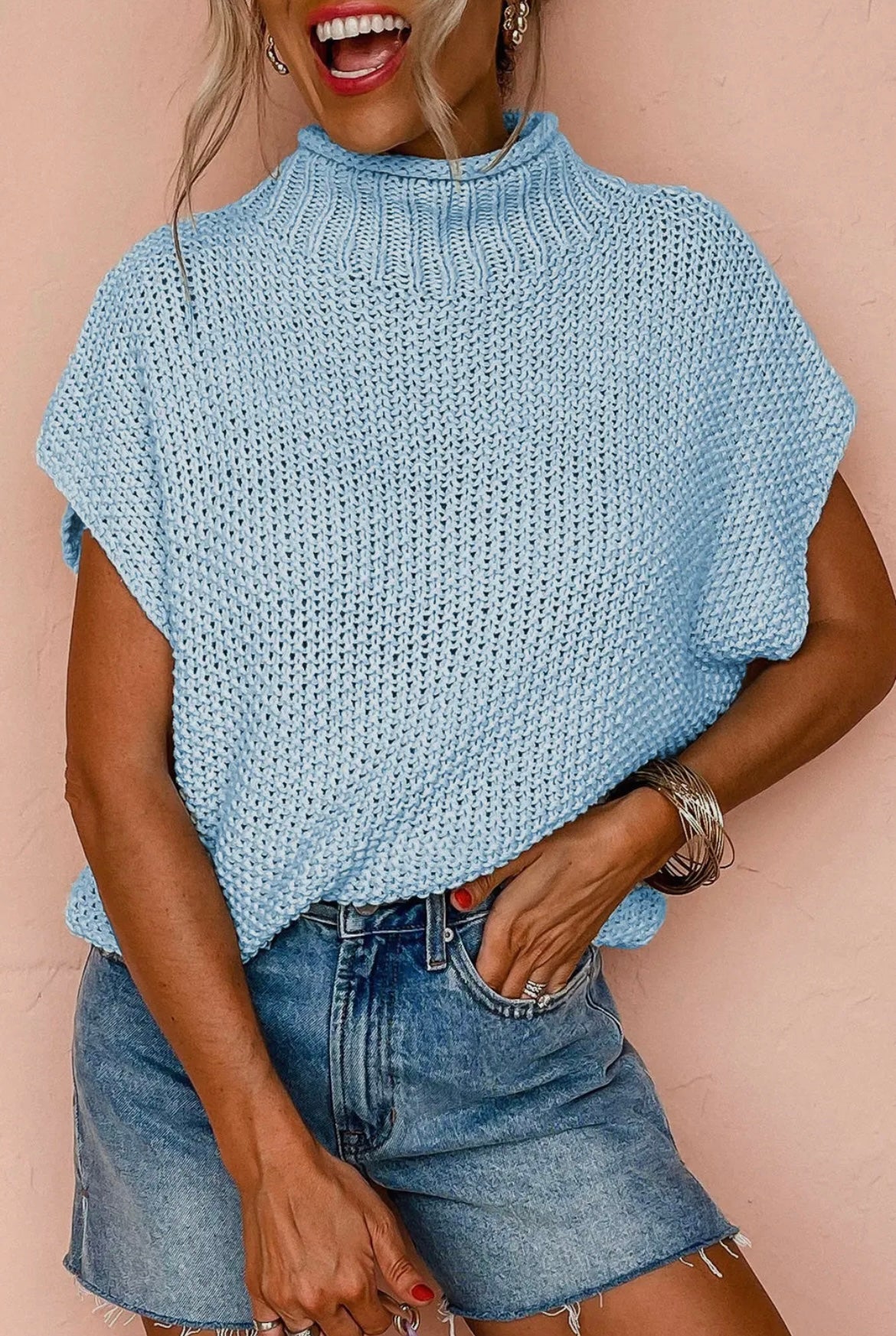 Iceland Blue High Neck Short Sleeve Sweater