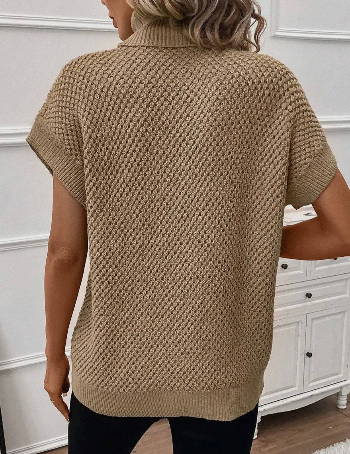 Khaki Turtleneck Textured Short Sleeve Sweater