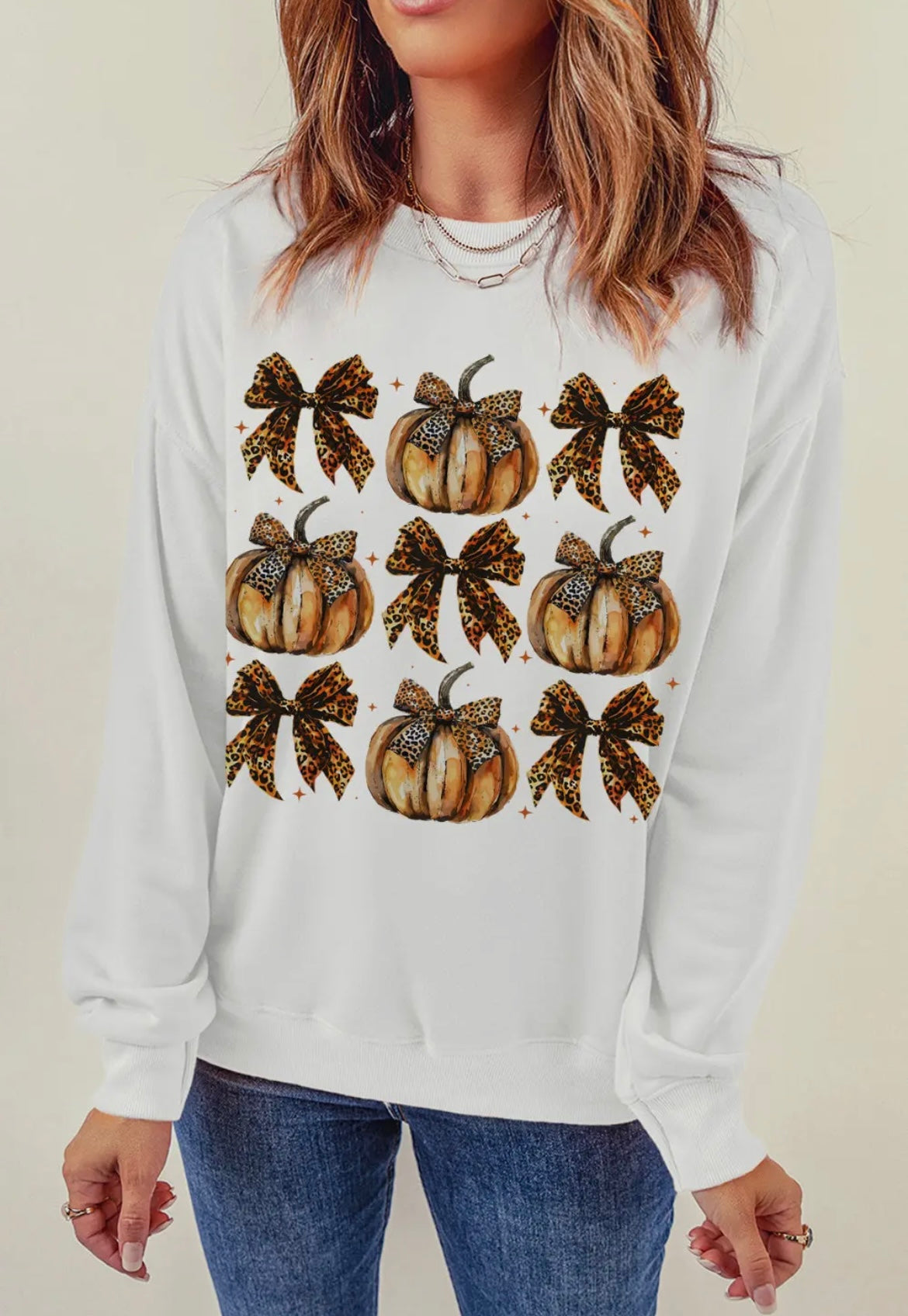 White Pumpkin Leopard Bow Sweatshirt