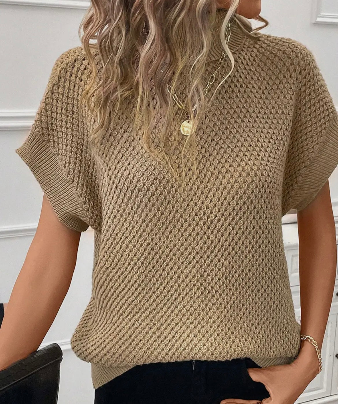 Khaki Turtleneck Textured Short Sleeve Sweater