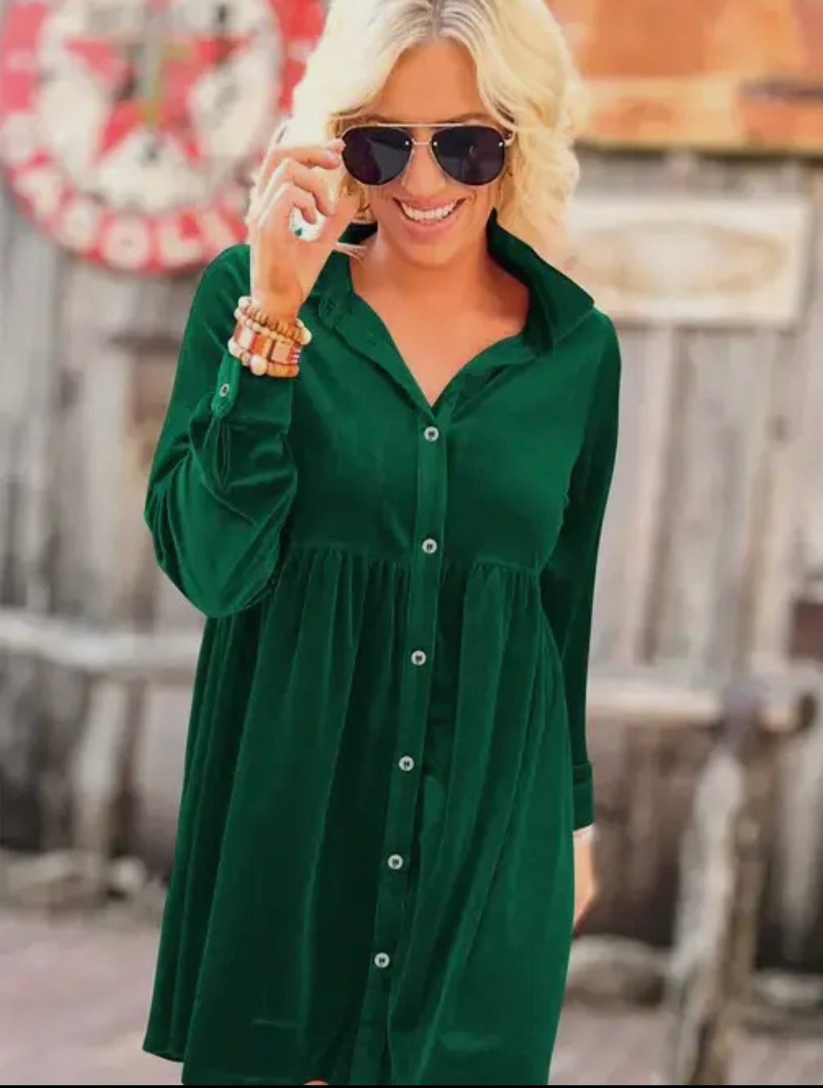 Green long sleeve Velvet Button-up Dress