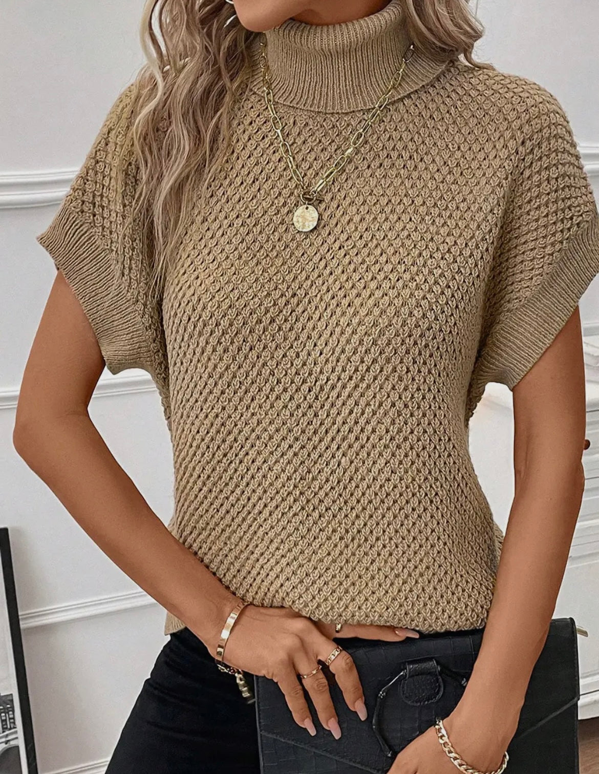 Khaki Turtleneck Textured Short Sleeve Sweater
