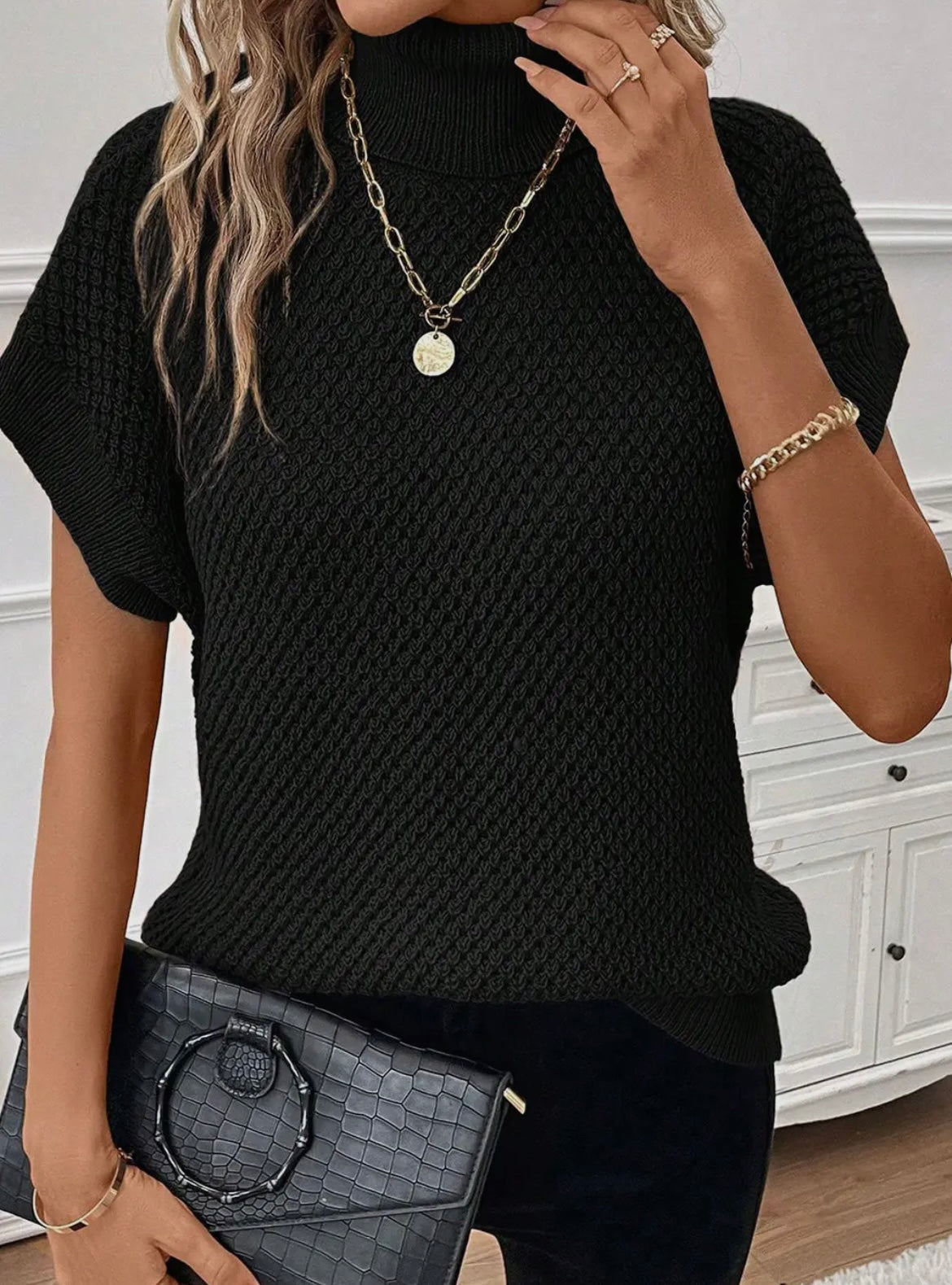Black Turtleneck Textured Short Sleeve Sweater