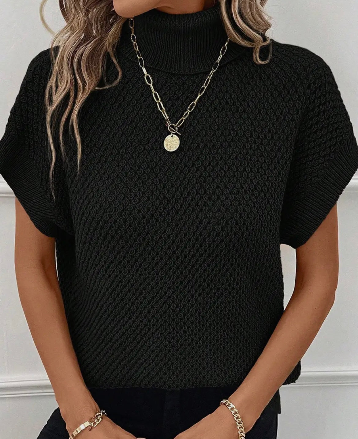 Black Turtleneck Textured Short Sleeve Sweater
