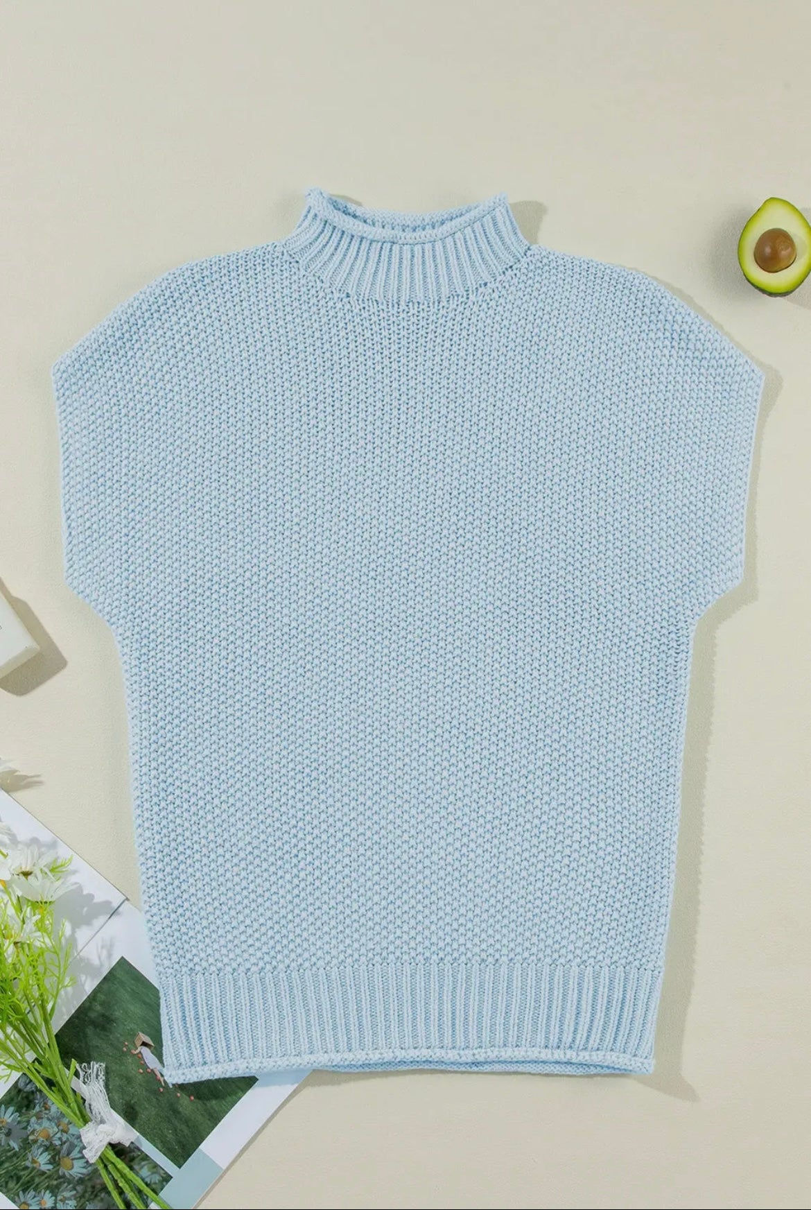 Iceland Blue High Neck Short Sleeve Sweater