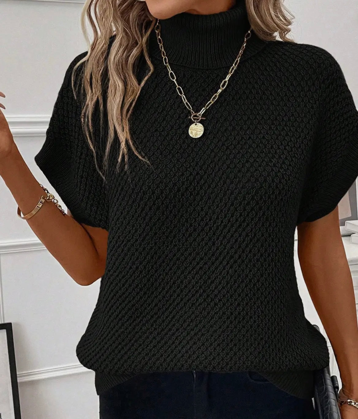 Black Turtleneck Textured Short Sleeve Sweater