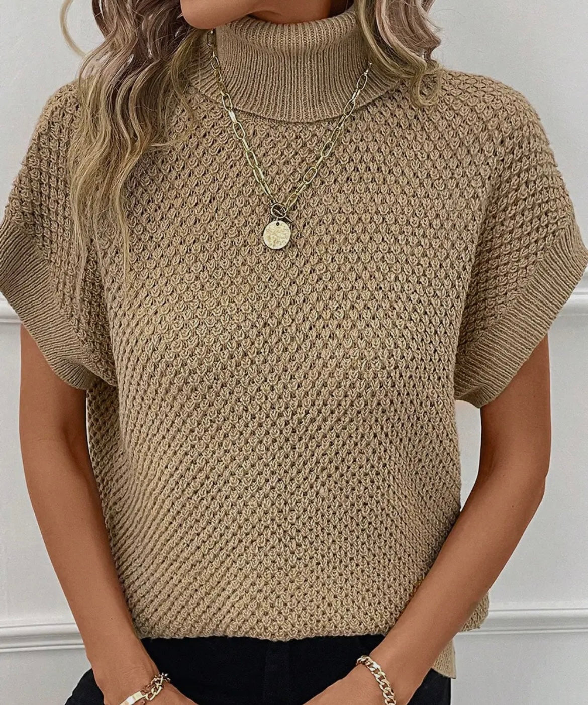 Khaki Turtleneck Textured Short Sleeve Sweater