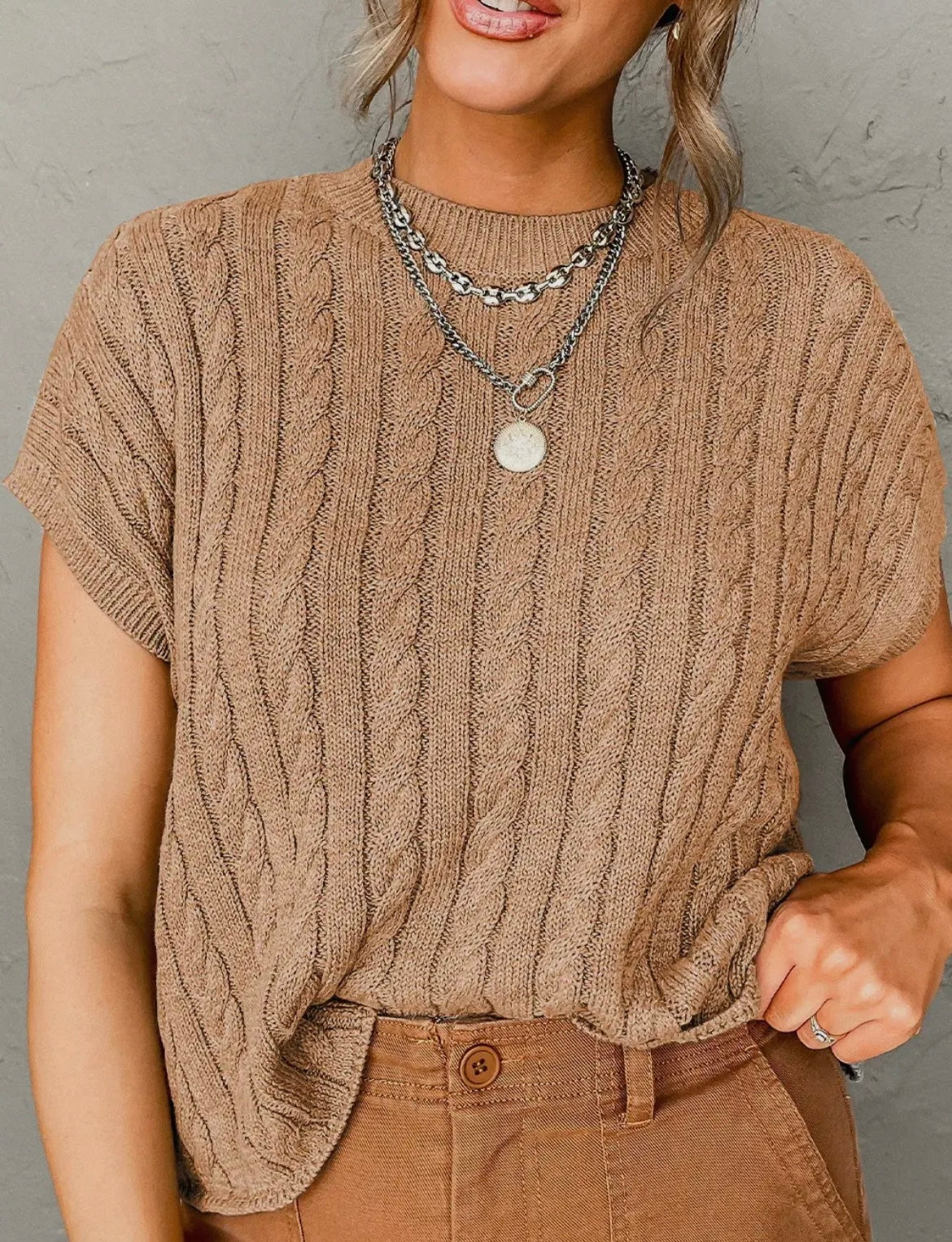 French Beige Crew Neck Cable Knit Short Sleeve Sweater