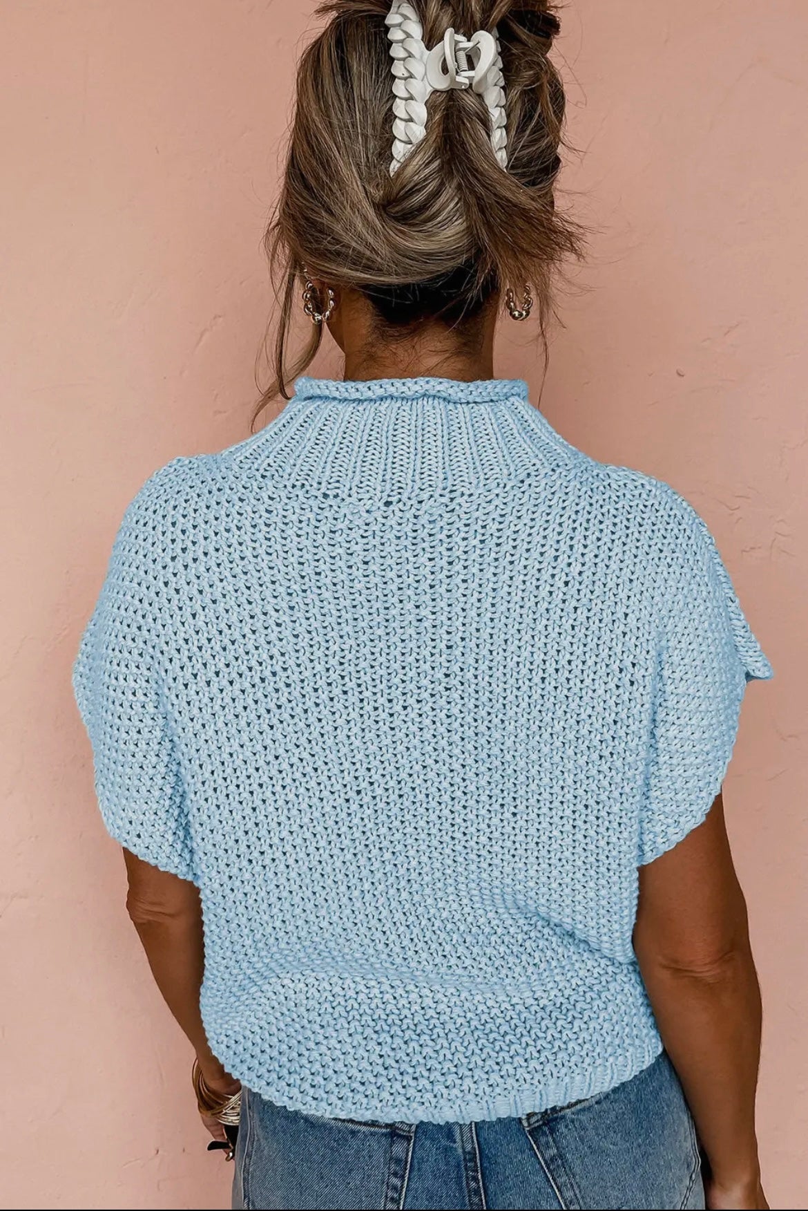 Iceland Blue High Neck Short Sleeve Sweater