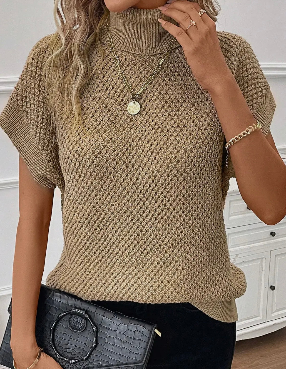 Khaki Turtleneck Textured Short Sleeve Sweater