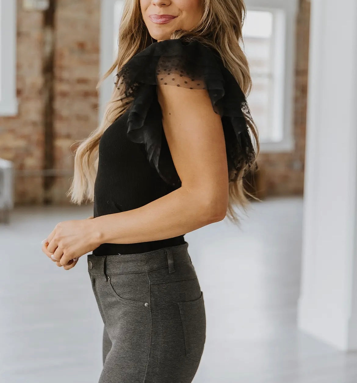 Black Dotty Mesh Ruffle Top