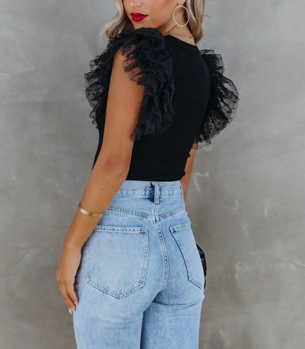 Black Dotty Mesh Ruffle Top
