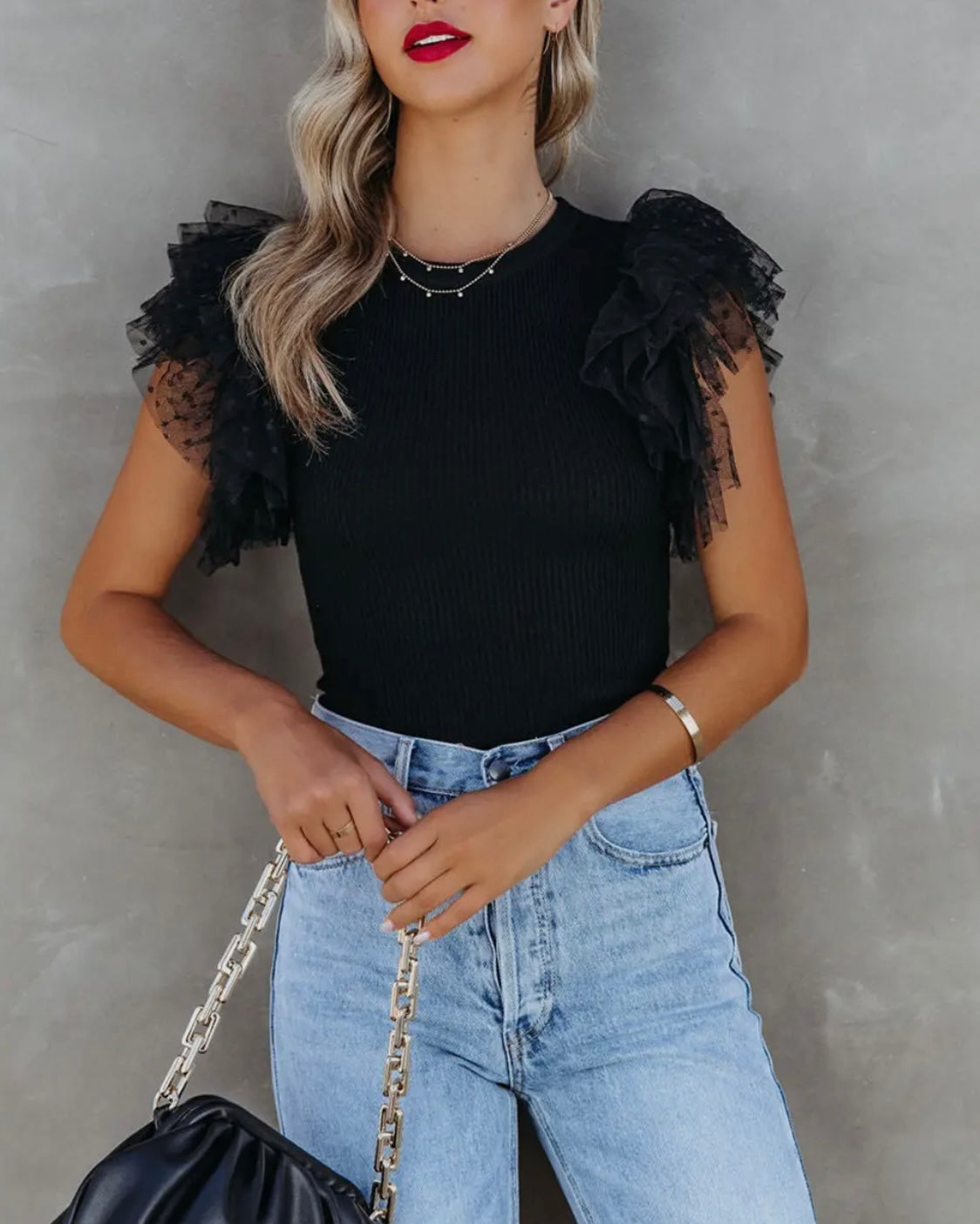 Black Dotty Mesh Ruffle Top