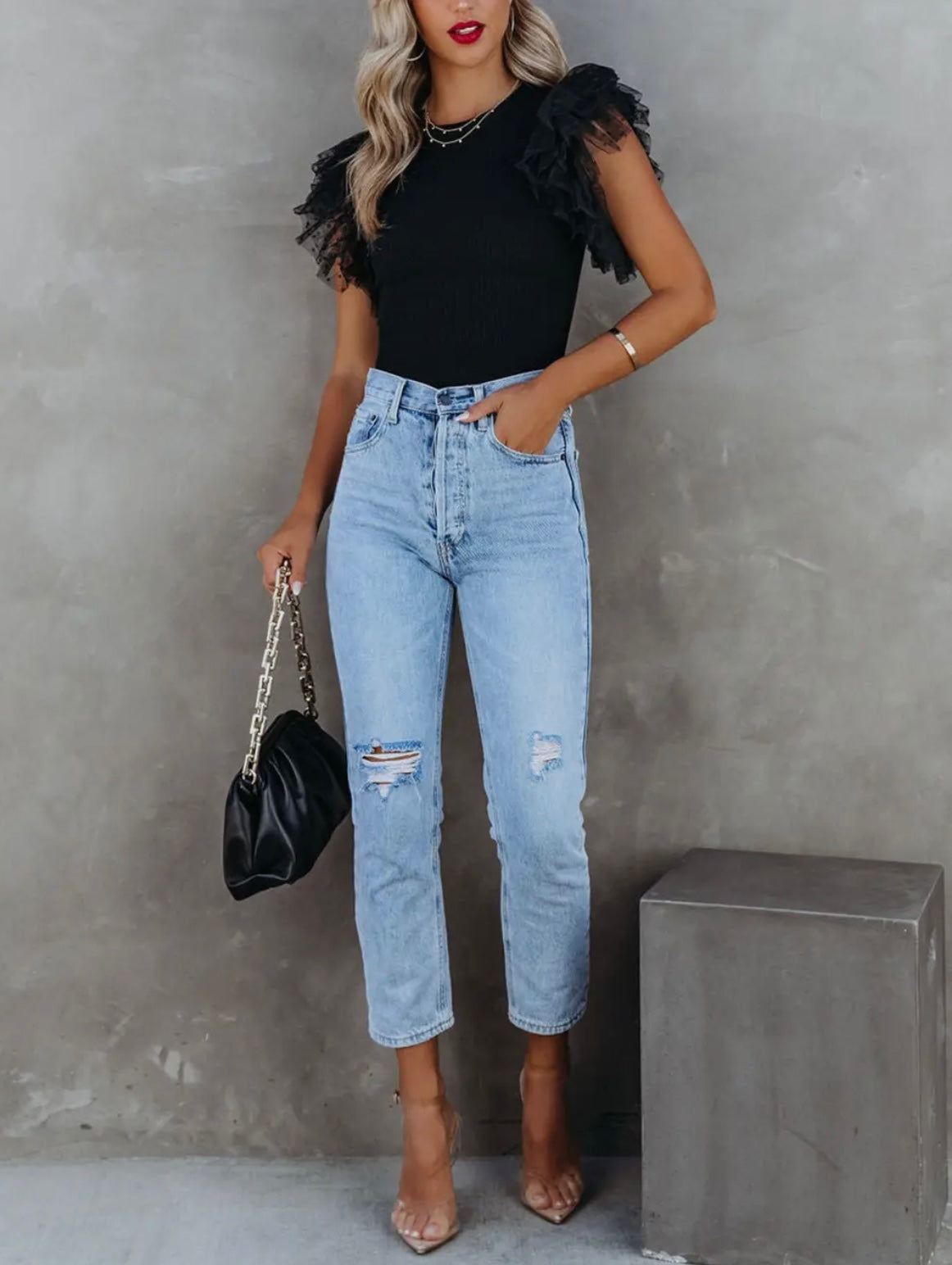 Black Dotty Mesh Ruffle Top