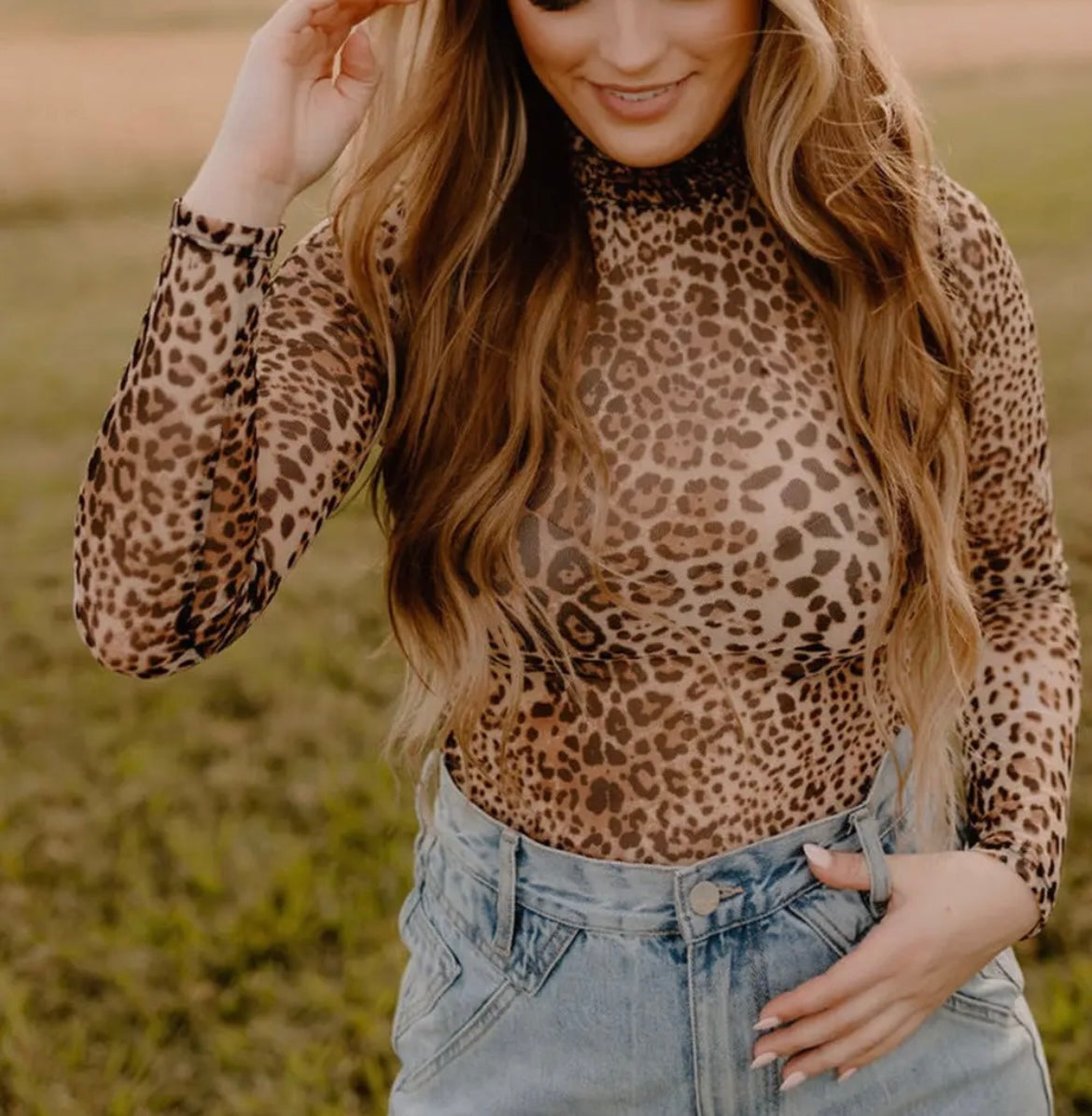 Brown Leopard Smocked Neck Mesh Bodysuit