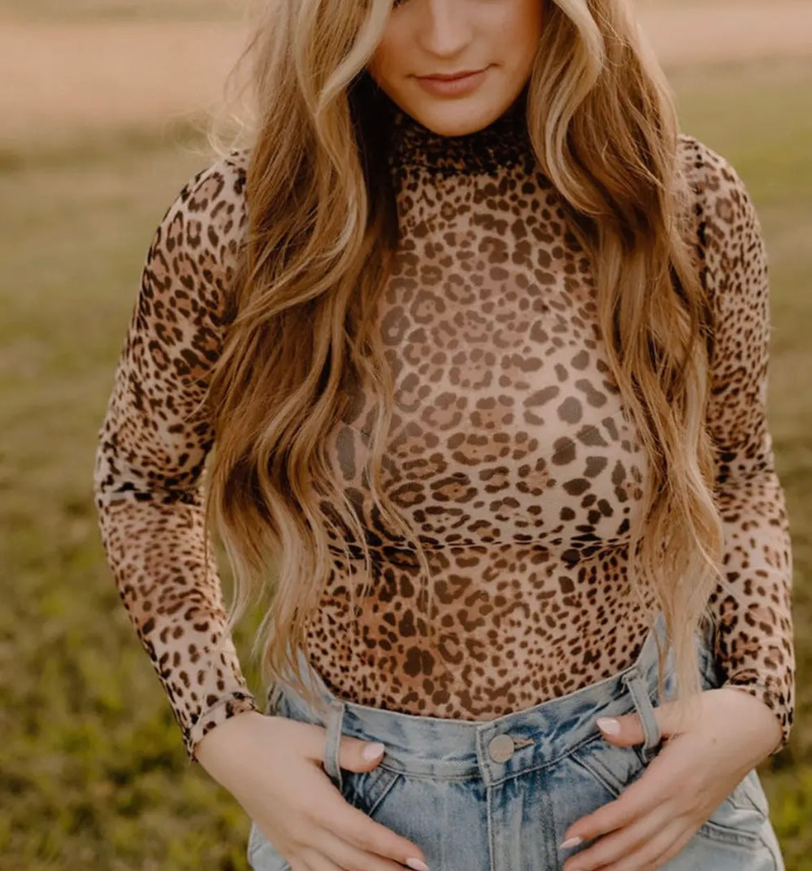 Brown Leopard Smocked Neck Mesh Bodysuit