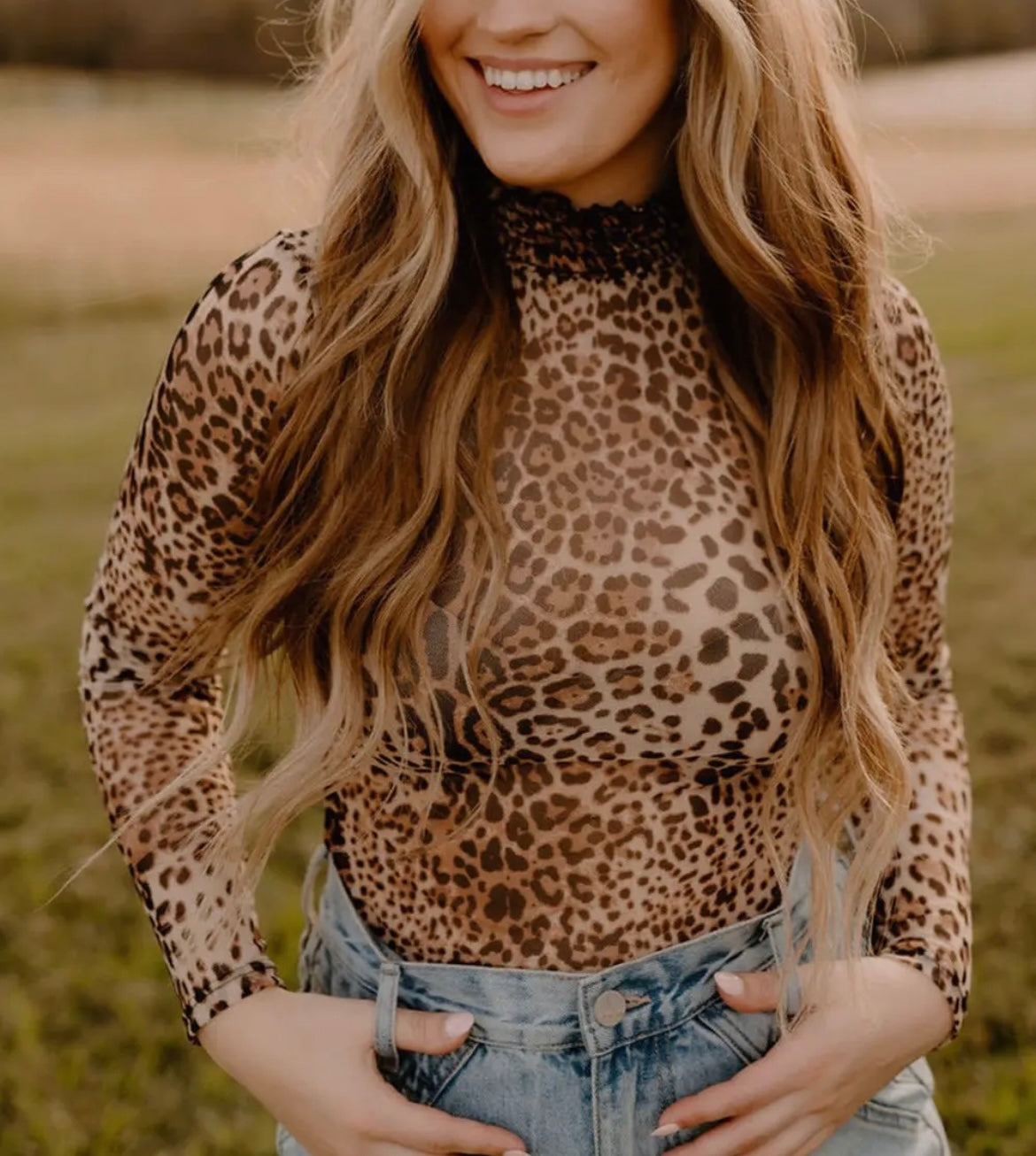 Brown Leopard Smocked Neck Mesh Bodysuit