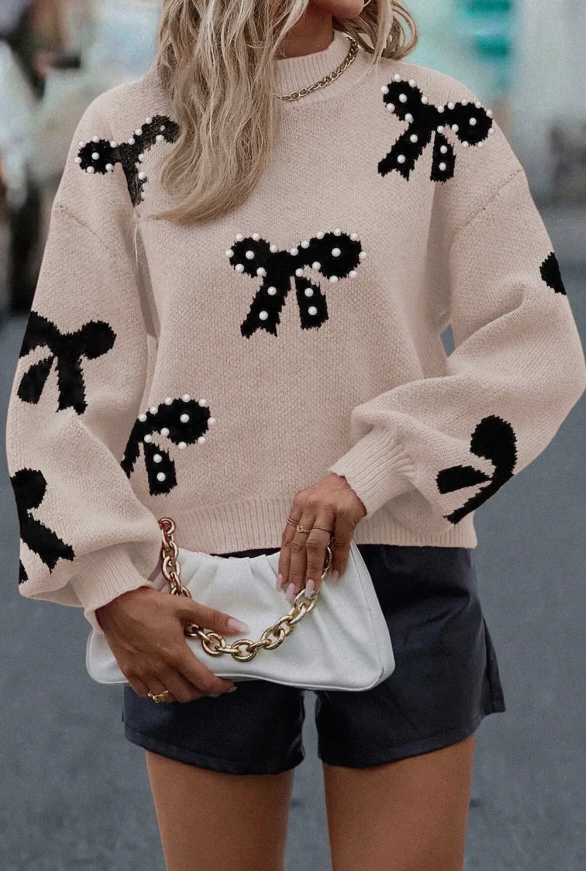 Pearl Embellished Bow Sweater