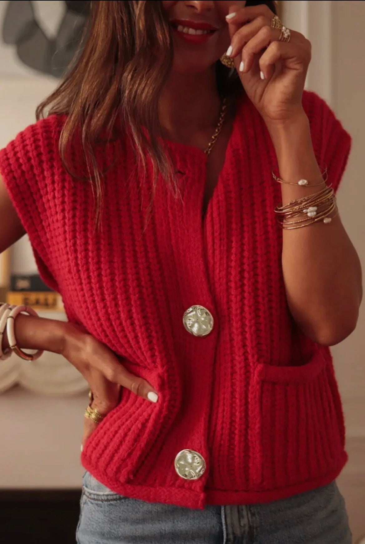 Red Knit Buttoned Sweater Vest