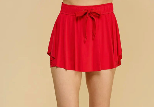 Red Ruffle Hem Tennis Skirt with Hidden Inner Pockets