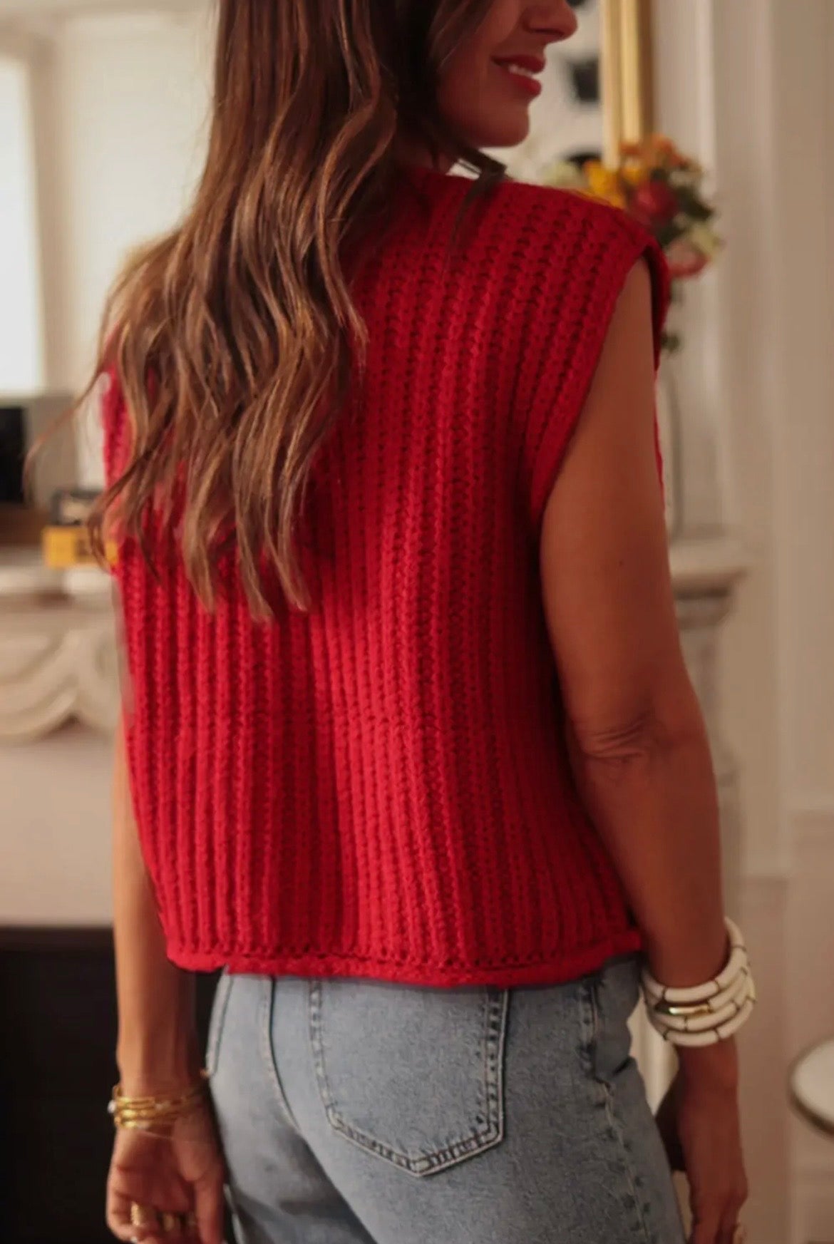Red Knit Buttoned Sweater Vest