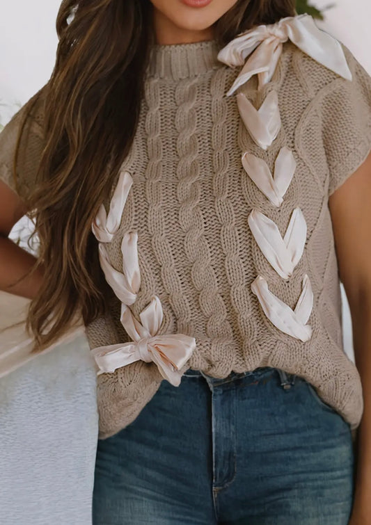 Satin Bow Knit Short Sleeve Sweater