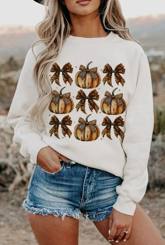 White Pumpkin Leopard Bow Sweatshirt