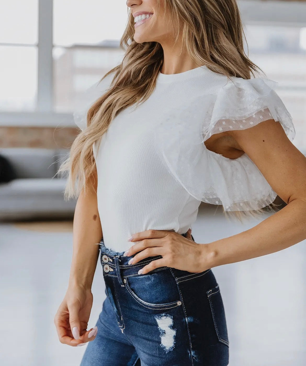 White Dotty Mesh Ruffle Top