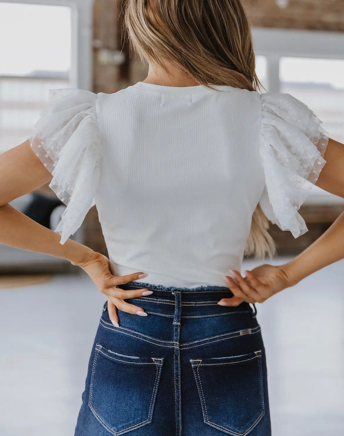 White Dotty Mesh Ruffle Top