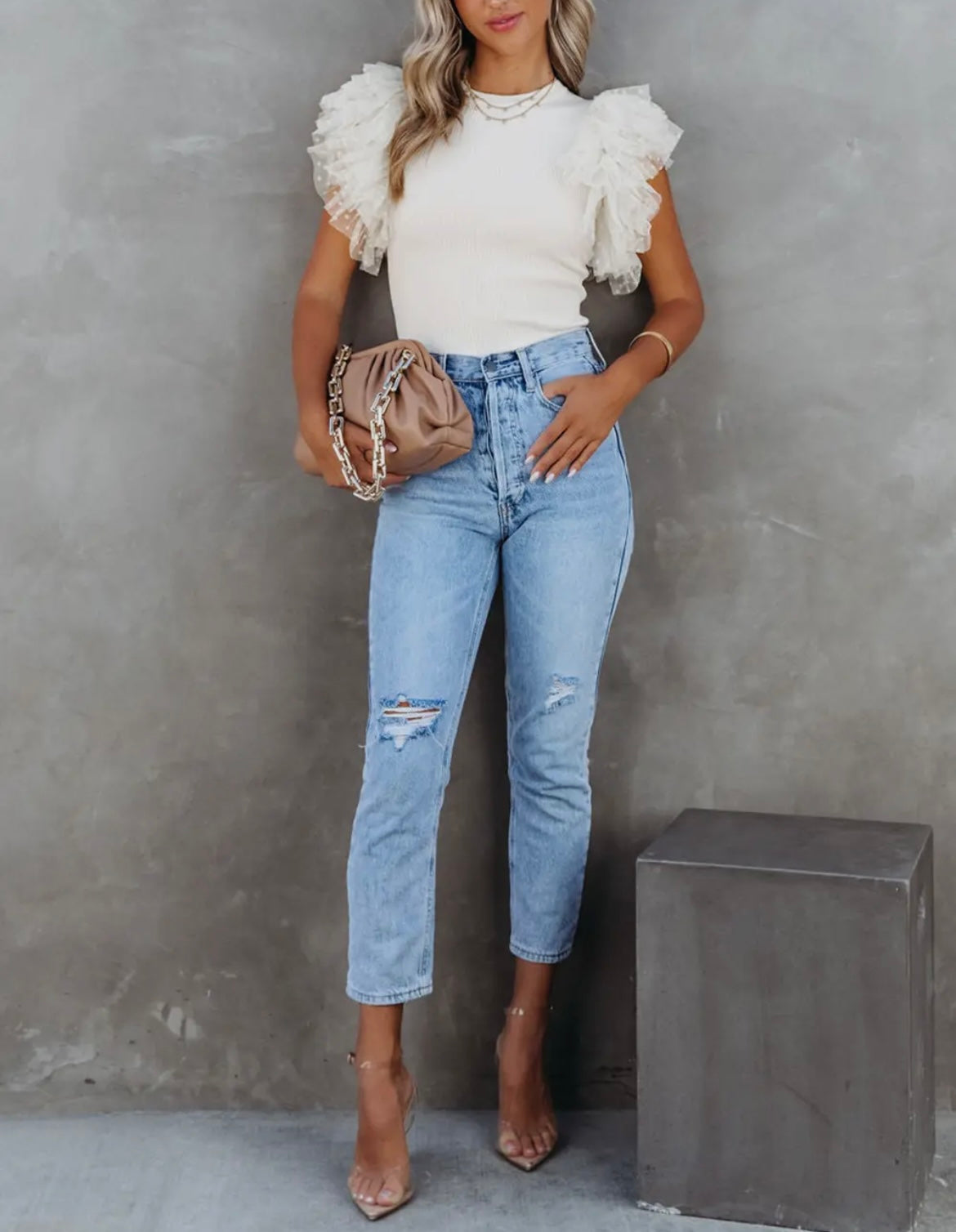 White Dotty Mesh Ruffle Top